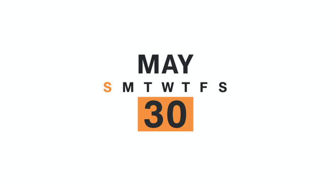 Calendar Page for May 30 with Orange Highlighted Date on White Background Illustration