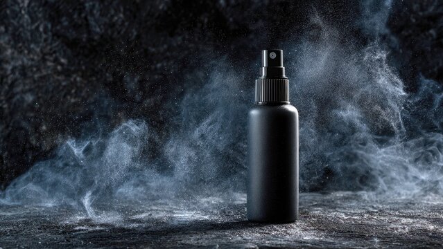 Black spray bottle creating swirling mist on textured dark surface with cosmetic