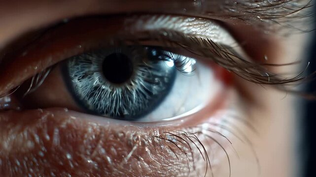 Close-up of a human eye showing details of iris, pupil, and eyelashes during bright daylight