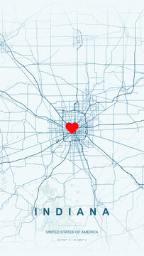 Modern minimalist vector map of Indiana State, USA. High-quality scalable illustration of Indiana city grids, Indianapolis downtown layout, Monument Circle radial axis for posters and design. 