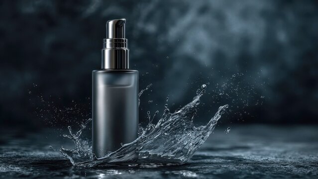 Luxury cosmetic dispenser bottle with splashing water on dark stone surface