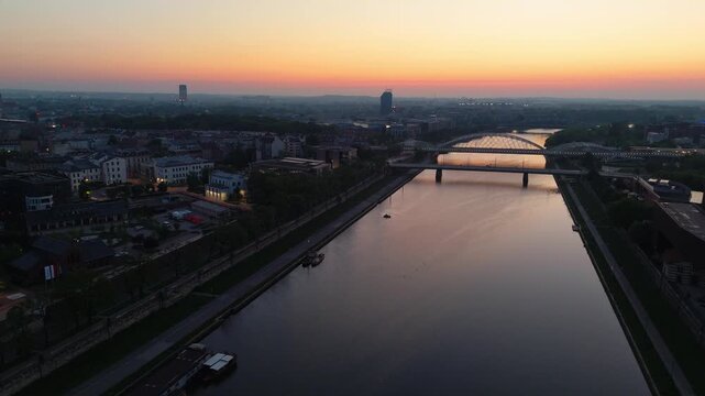 Aerial view of the Vistula embankment in Krakow at dawn in spring in Europe