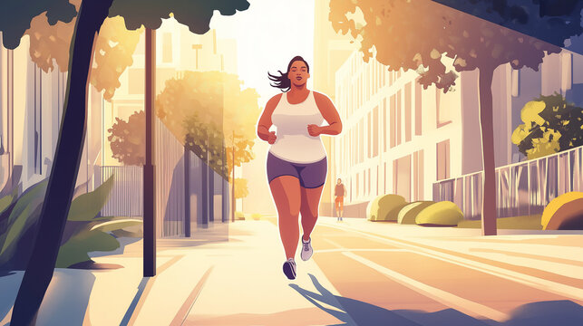 Plus-size woman running joyfully in a modern urban setting during sunset