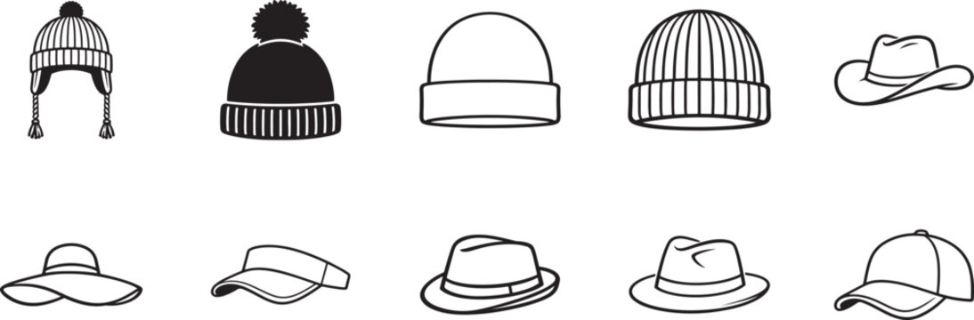 Hats doodle illustration set with vintage fedora, beanie, bowler and stylish headwear icons.