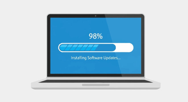 Laptop computer with software update installation screen.