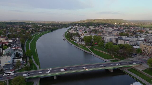 An aerial flyover of the Krakow embankment at dawn in spring in Poland.