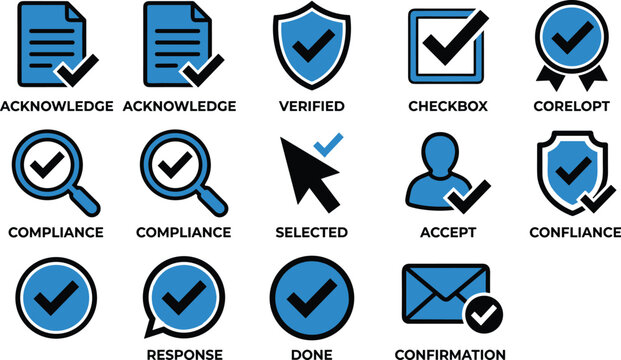 Collection of professional flat vector icon designs representing verification compliance and user feedback.