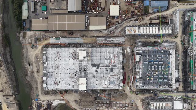 Aerial drone view of a data center under construction in Chonburi, Thailand, showcasing hyperscale AI infrastructure, cloud computing systems, and large scale IT technology development.