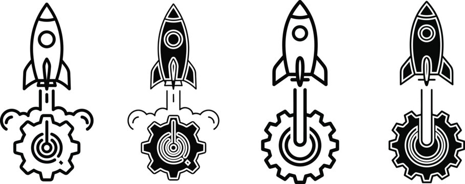 Rocket launch icons with gear mechanisms black and white line art