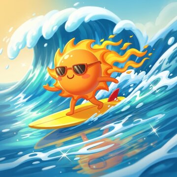 A cheerful cartoon sun character wearing sunglasses surfing on a vibrant ocean wave