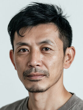 Studio portrait of a 39-year-old Japanese man with short black hair, casual T-shirt, white background, clean professional look