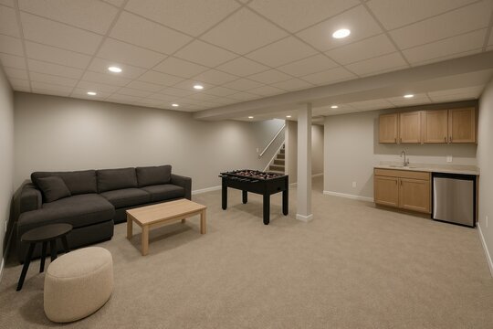 Modern basement with entertainment area.