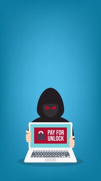 Ransomware Cyber Attack Concept &ndash; Hacker Demanding Payment to Unlock Laptop, Malware Cybercrime, Data Encryption Extortion, Cybersecurity Threat	