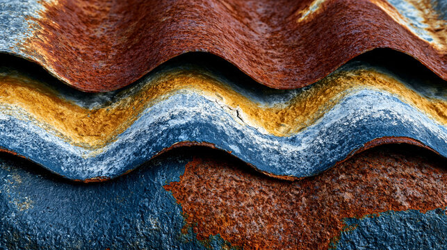 Rusted corrugated iron roofing sheet texture abstract, zinc coating failed exposing iron substrate, ferrous oxide bloom spreading from fastener holes, surface undulation creating highlight shadow rh