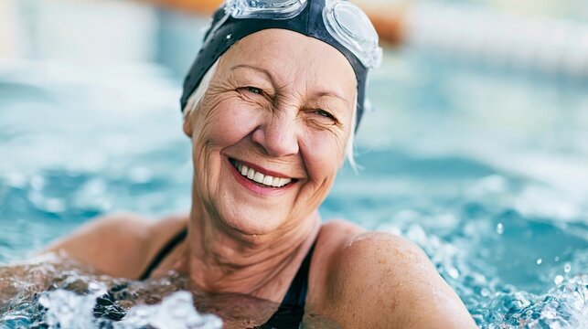 Happy senior woman smiling in swimming pool, showing a healthy active lifestyle and enjoying recreation