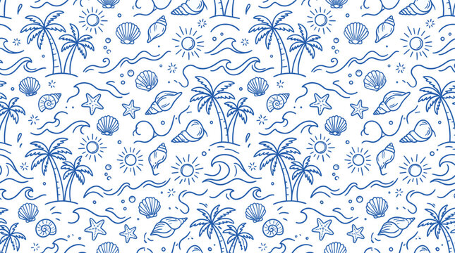 Nautical blue line art summer pattern, seamless tropical beach background with palm trees and sea shells, hand drawn ocean wave vector illustration