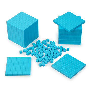 Product photo of educational counting materials including base ten blocks, unit cubes and number models. Useful for illustrating mathematics instruction, place value and learning concepts.
