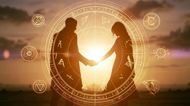 Silhouetted couple holding hands, a glowing astrological zodiac circle connecting their cosmic love and destiny at sunset