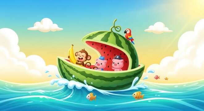 A vibrant cartoon illustration of a joyful adventure with a monkey, three pigs, and a parrot riding in a boat made from a watermelon slice on a sunny sea