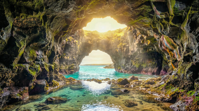 Interior de una cueva marina volc&aacute;nica con la abertura al mar turquesa creando un halo de luz brillante y agua cristalina en el suelo.
