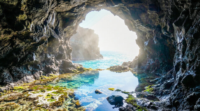 Interior de una cueva marina volc&aacute;nica con la abertura al mar turquesa creando un halo de luz brillante y agua cristalina en el suelo.
