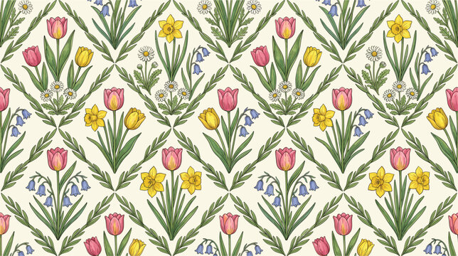 Vintage floral seamless pattern with spring tulips and daffodils, elegant botanical trellis wallpaper vector, cottagecore flower garden background