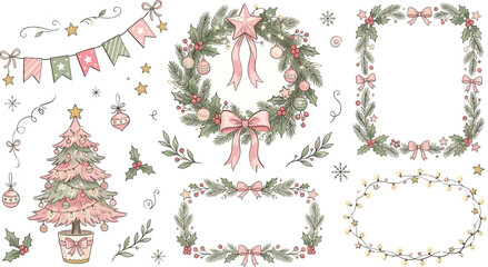 Vintage Christmas clip art set, hand drawn pastel pink holiday wreath and frames, festive botanical vector elements for greeting cards and scrapbooking © Iconify Studio