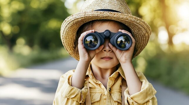 Young child observing nature with binoculars, wearing a straw hat and adventure outfit, embracing curiosity and discovery