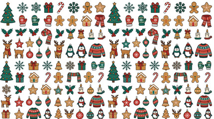 Christmas holiday icons set in flat cartoon style, winter seasonal elements vector collection, festive red and green gingerbread and reindeer illustrations © Iconify Studio