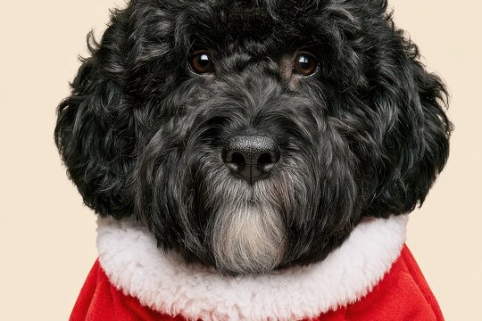 Close-up portrait of a fluffy black dog wearing a festive red Santa coat with white trim.