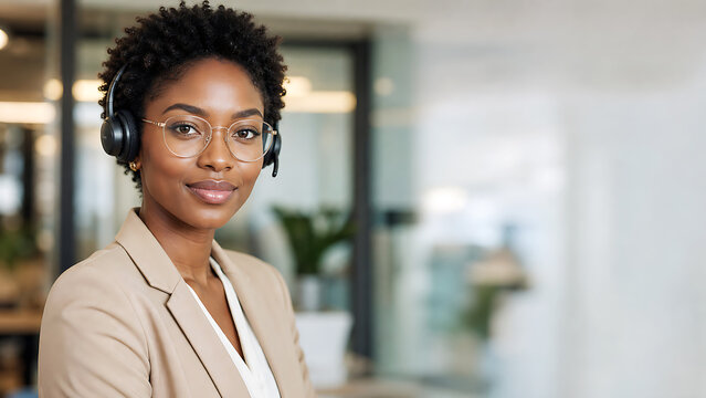 Confident young Black female customer support agent wearing a headset in a modern office. Professional African woman with glasses working in customer service with copy space.