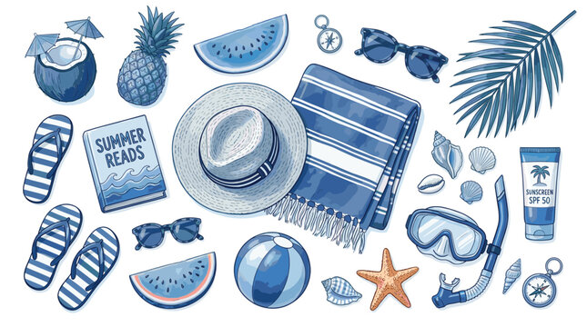 Blue watercolor summer beach icons set, tropical vacation travel elements vector, nautical holiday accessories with straw hat and beach towel