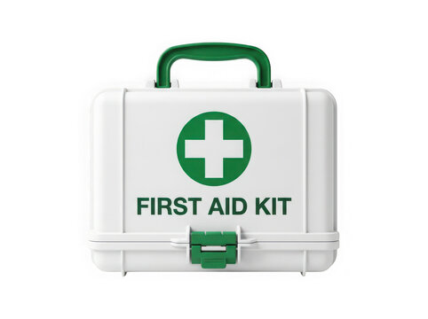Green and white first aid kit with red cross symbol isolated on transparent background