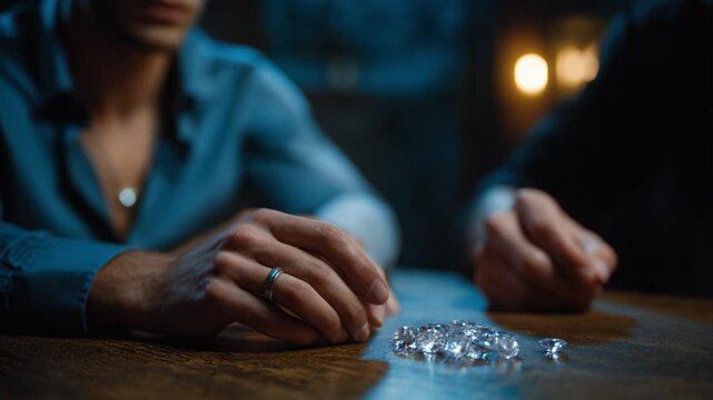 Two individuals focused on a table adorned with sparkling crystals, their hands poised as they engage in conversation, revealing a moment of anticipation and intrigue.