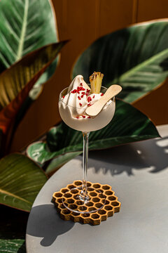 Smooth ice cream alcoholic cocktail with fruit garnish and crispy topping served in elegant glass