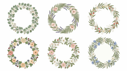 Watercolor floral wreath collection, set of 6 botanical circular frames with eucalyptus and spring flowers, elegant hand drawn garden border vectors © Iconify Studio