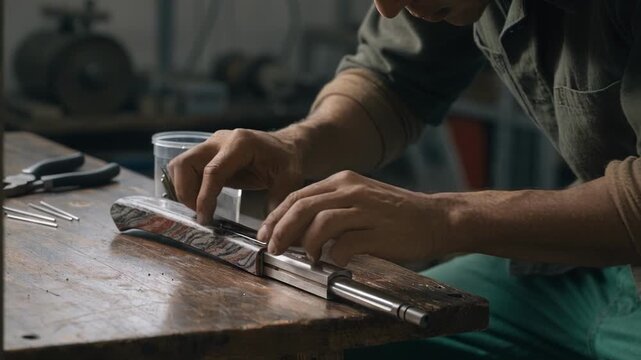 Focused medium shot of a skilled worker pinning composite handle scales to a knife tang emphasizing layered construction and intricate fastening process