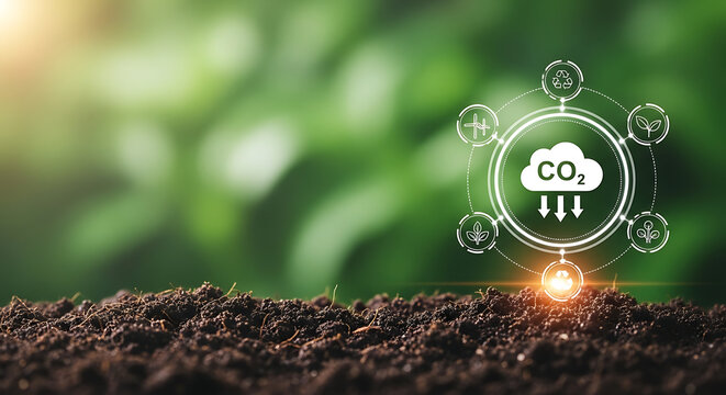 Carbon dioxide sequestration hologram over soil with blurred forest background