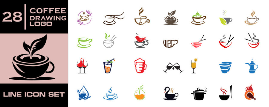 Set of 28 coffee, coffee, logo, set, beverage, drink, cafe, cup, mug, tea, design, collection, sign, symbol, graphic, abstract,  and beverage logo icons and line art designs