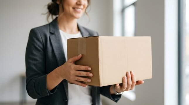 Smiling businesswoman holding a box, modern lifestyle moment
