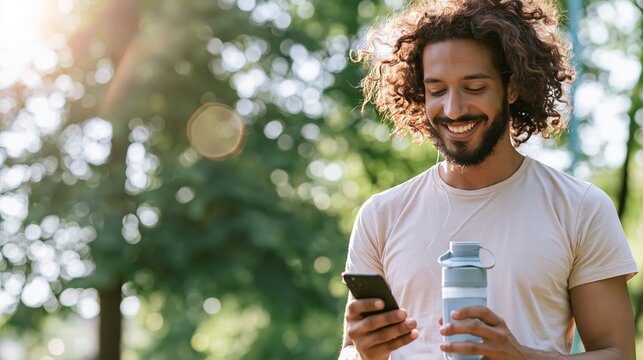 Young man smiling at smartphone, holding reusable water bottle, enjoying active lifestyle outdoors