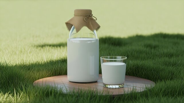 Glass bottle and cup of fresh milk on wooden surface with green grass background symbolizing rustic organic dairy and countryside