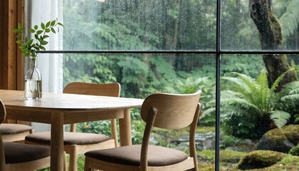 Fototapeta premium Light wood dining table and chairs by a large window on a rainy day, cozy interior