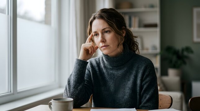 Thoughtful woman portrait indoors considering modern problems