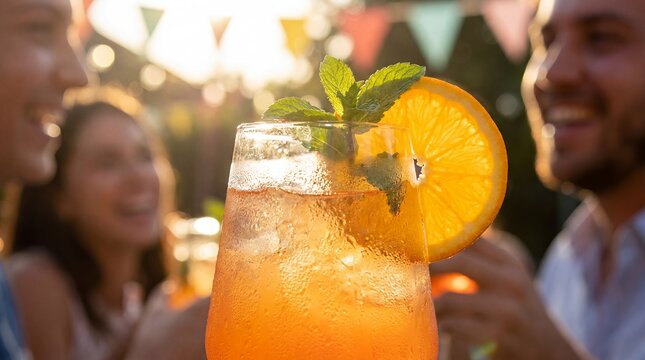 summer cocktail orange slice garnish pool party refreshing drink soft sunlit perspective intimate sensory framing sparkling glass with citrus and mint creates vacation refreshment mood for resort