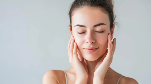Young woman enjoying smooth, healthy skin, touching her face with eyes closed, promoting skincare and wellness