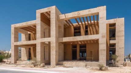 Fototapeta premium Modern architectural design with natural elements featuring a striking facade of stone and wood under a clear blue sky