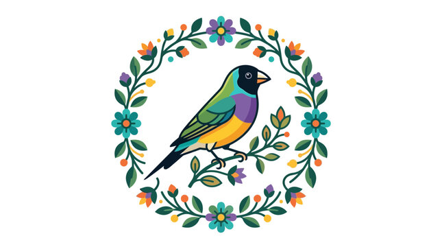 Colorful Gouldian Finch Bird Perched on Branch Inside Floral Wreath