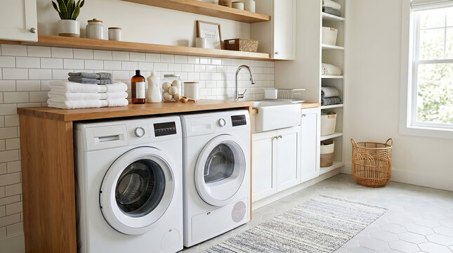 Modern organized laundry room interior featuring front load washing machine and dryer under a wooden countertop with white subway tiles farmhouse sink and shelves