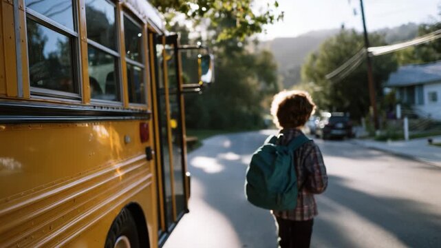 A Young Boy Stands by a Yellow School Bus, Gazing Down the Street on a Bright Morning, Ready for a New Day of Adventure and Learning Ahead